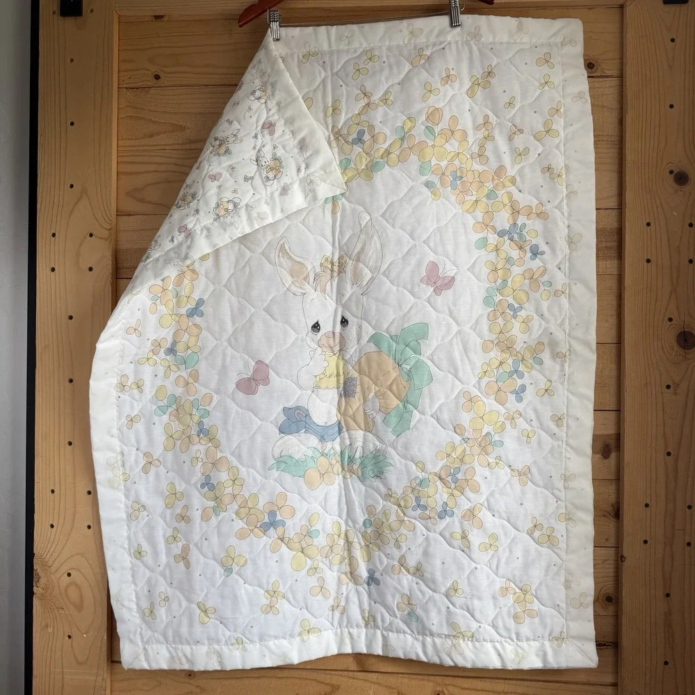 Vintage Precious Moments Baby Blanket Bunny Butterfly White Boy Girl Nursery 90s